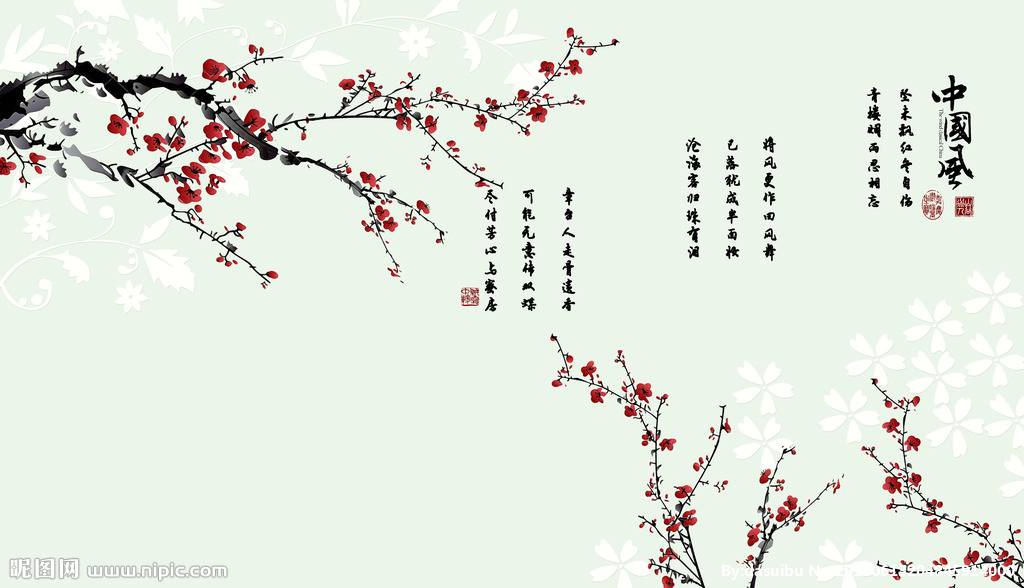 中式手绘国画淡雅梅花背景墙图片