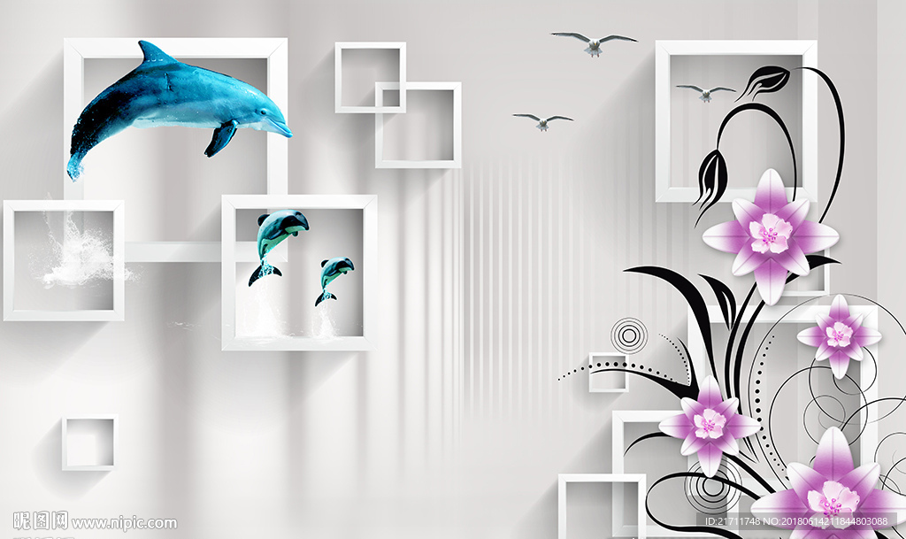 现代花卉简约框框海豚电视背景墙