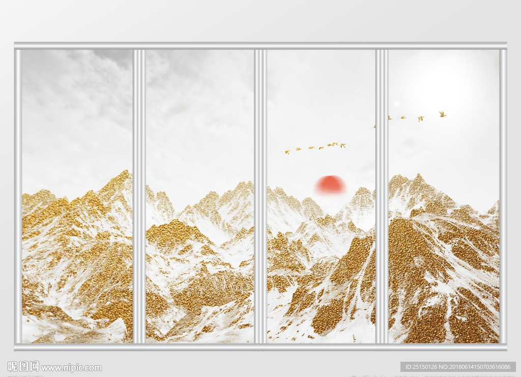 新中式唯美金箔画山川飞鸟移门