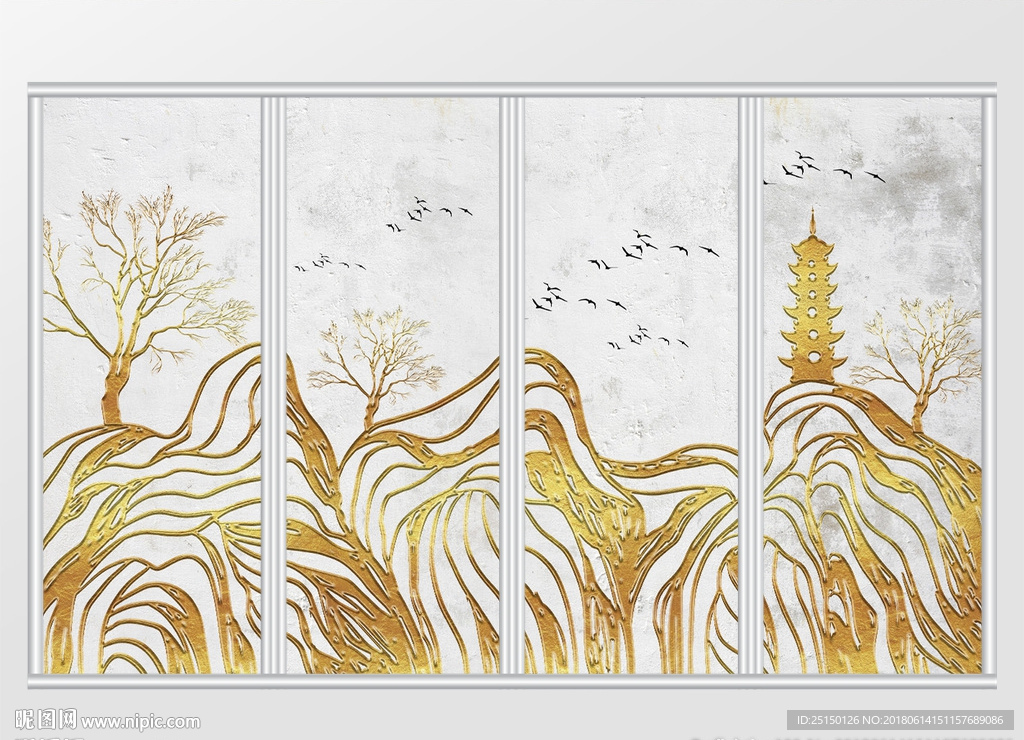 中式金箔金色质感意境山水移门