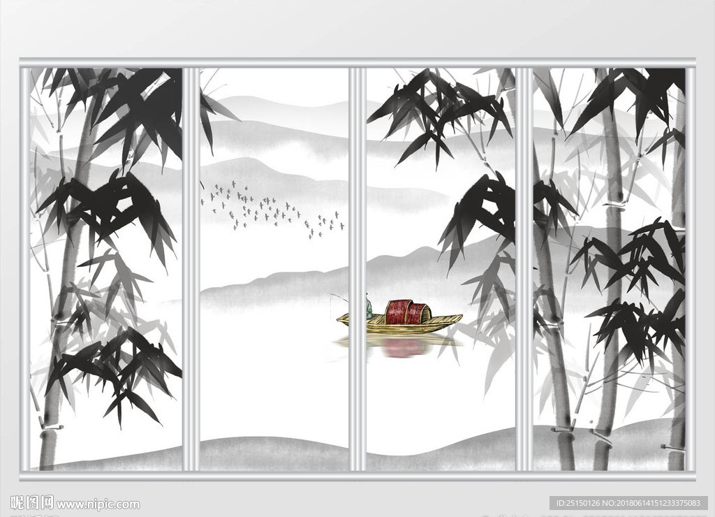 中式墨竹禅意山水画移门