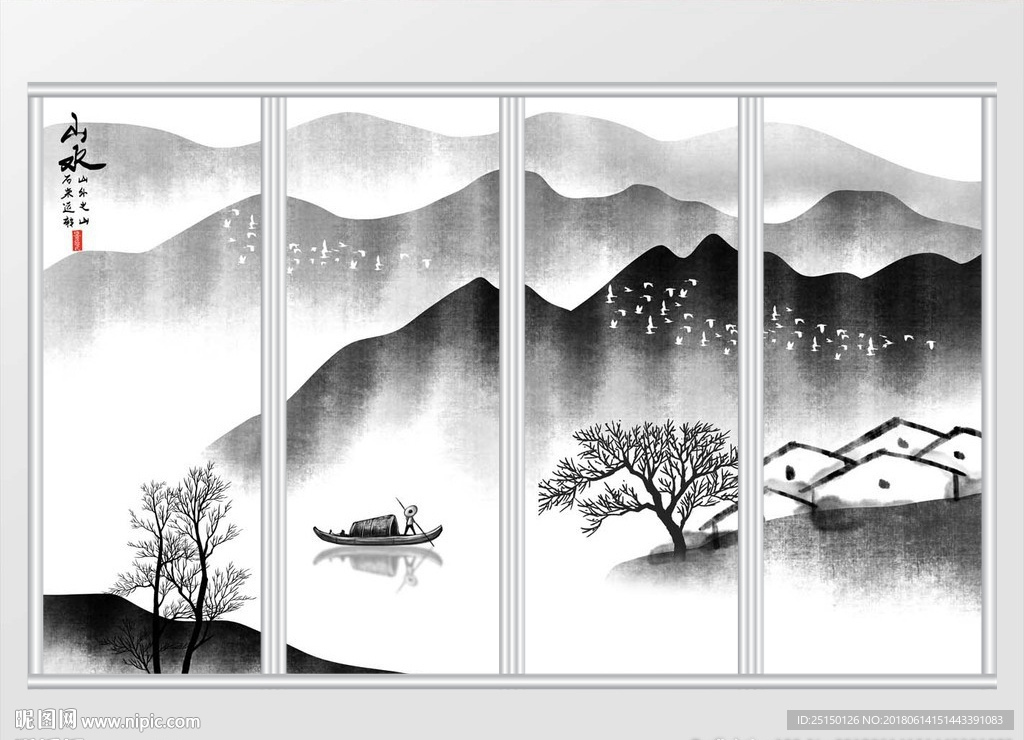 中式秀丽河山水墨山水移门