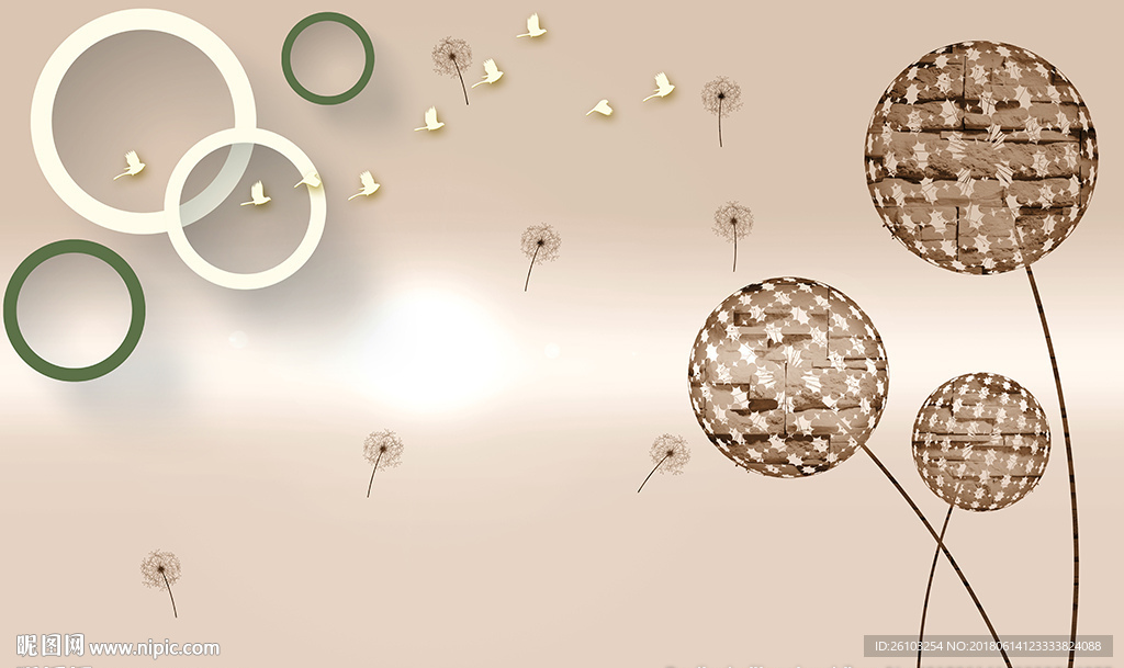 简约蒲公英小鸟圈圈电视背景墙