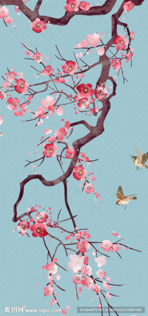 手绘梅花中式花鸟玄关背景墙