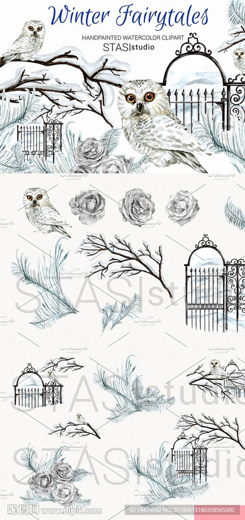 水彩白色猫头鹰花朵图案