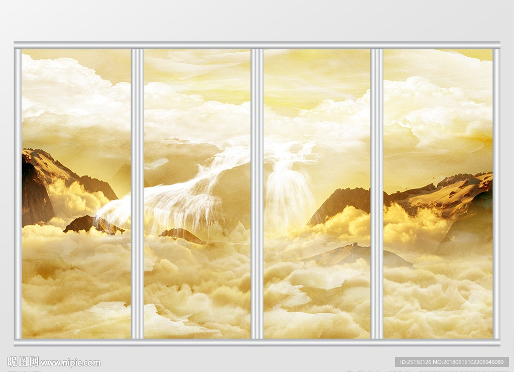 大理石纹金色创意山水瀑布移门