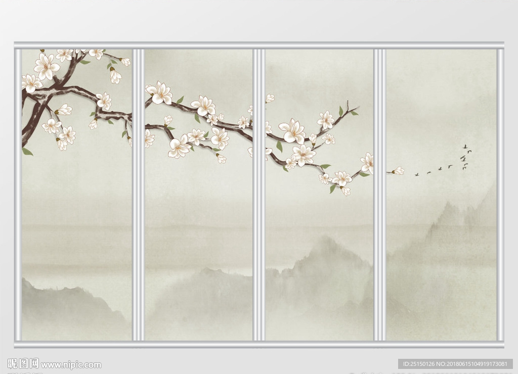 新中式富贵室静兰香移门