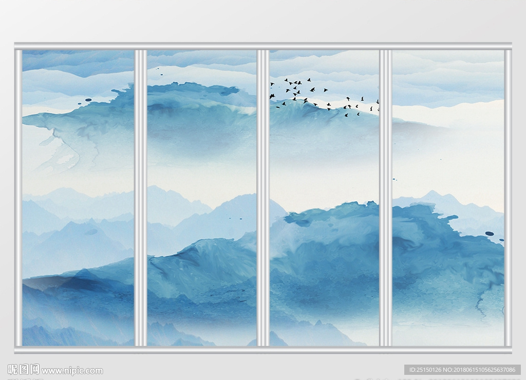 新中式蓝色山水移门