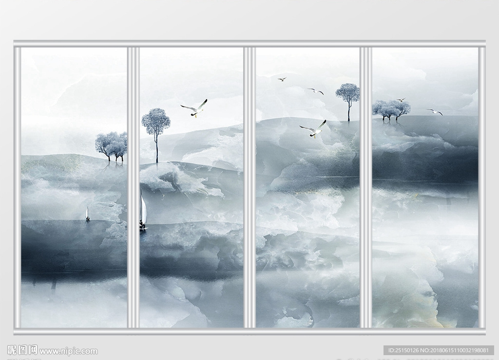 新中式山水花鸟艺术移门