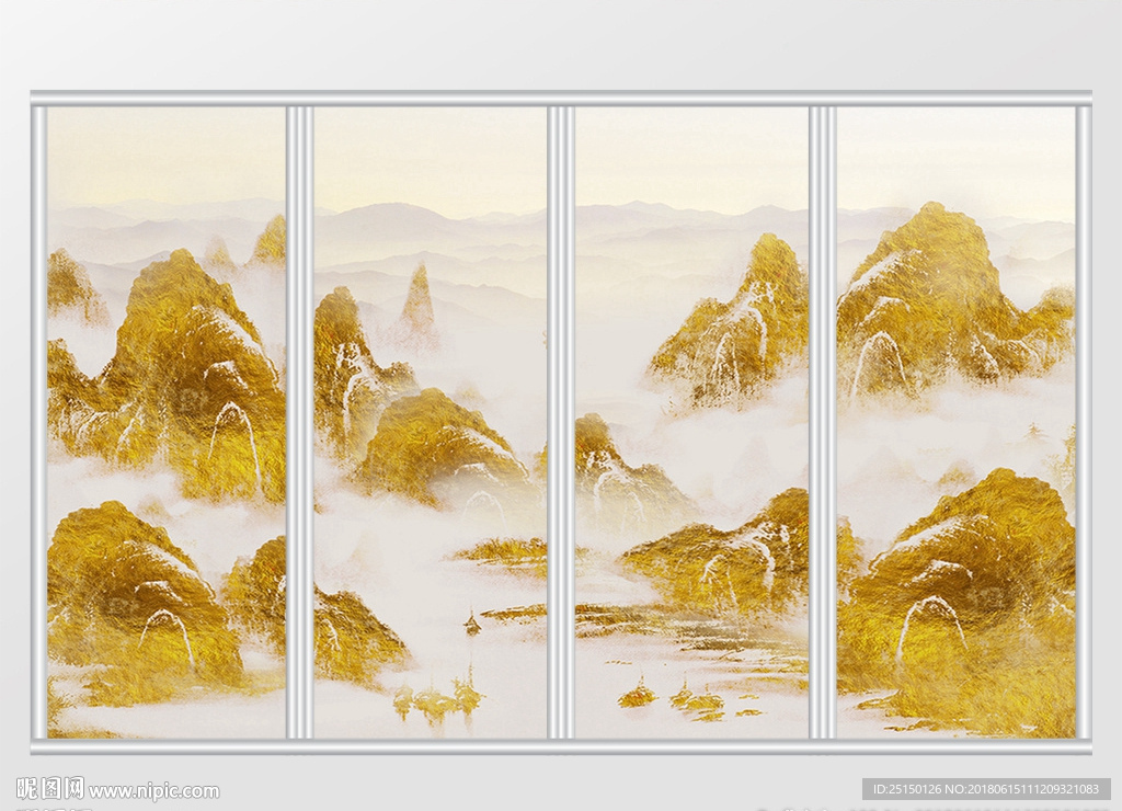 中式金色山水风景移门