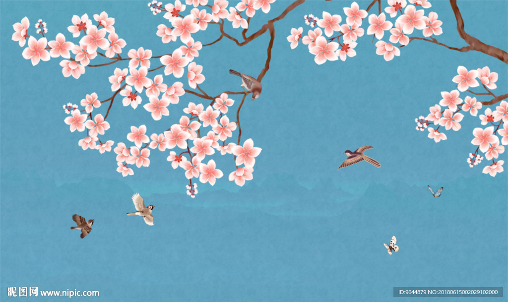 中式手绘工笔花鸟背景墙