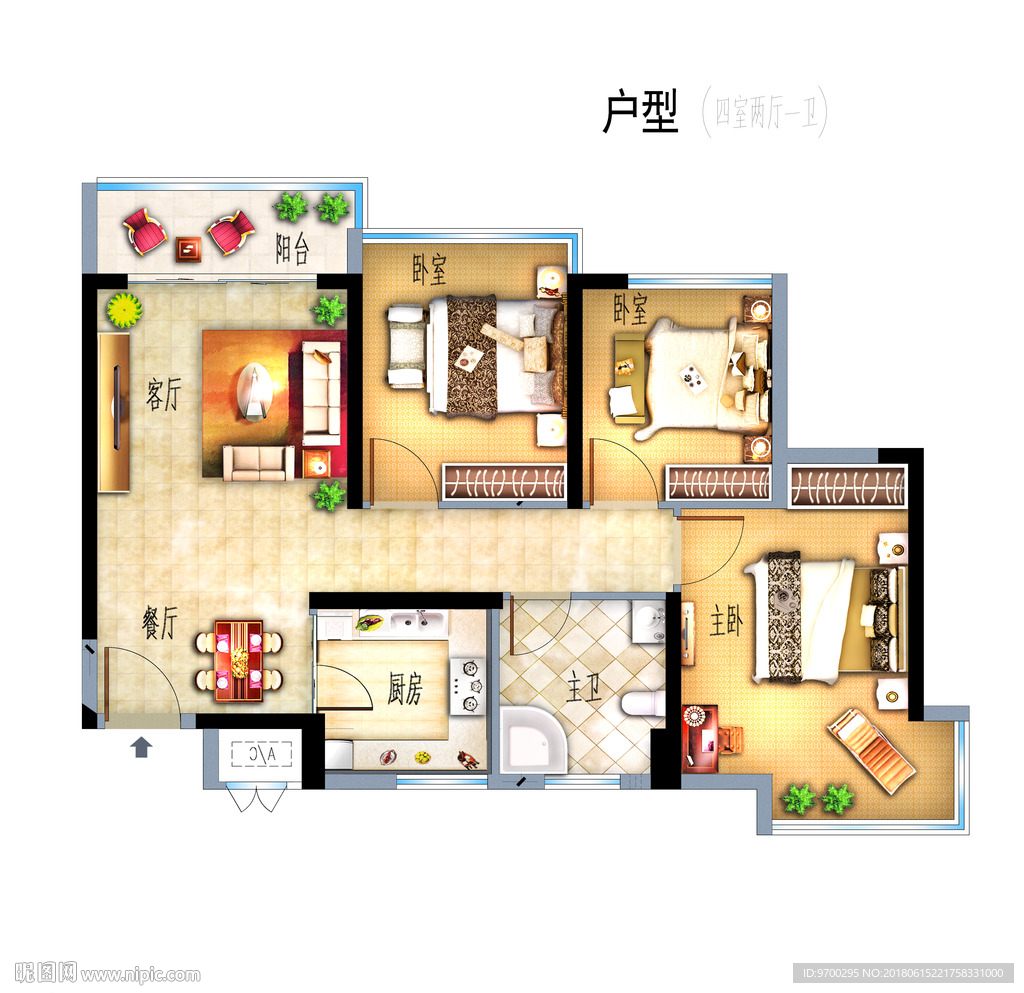 彩色高端手绘平面高清高端户型图