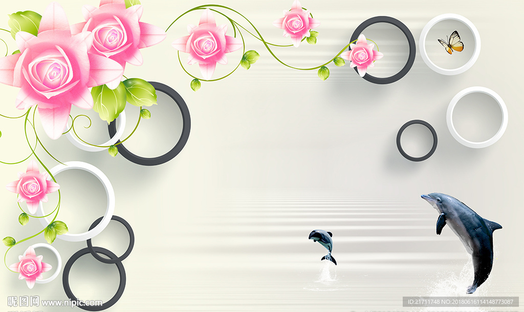 现代花卉简约圈圈海豚电视背景墙