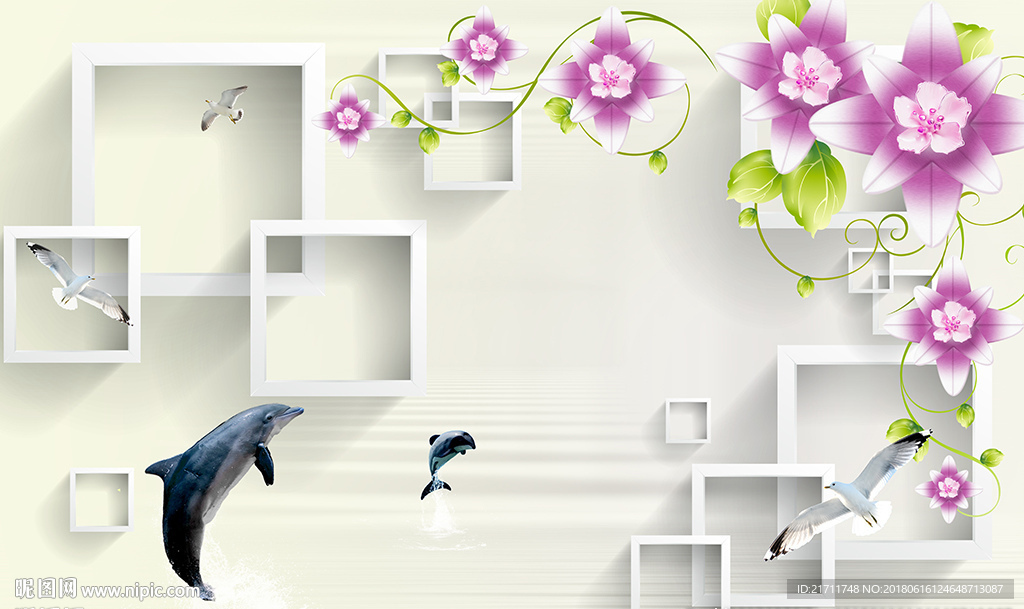 现代花卉简约框框海豚电视背景墙