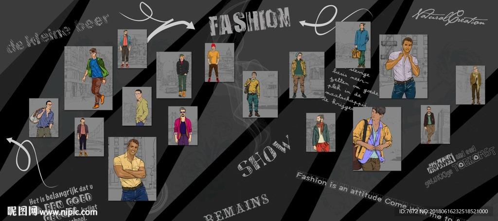 手绘高清男装人物壁画壁纸服装店