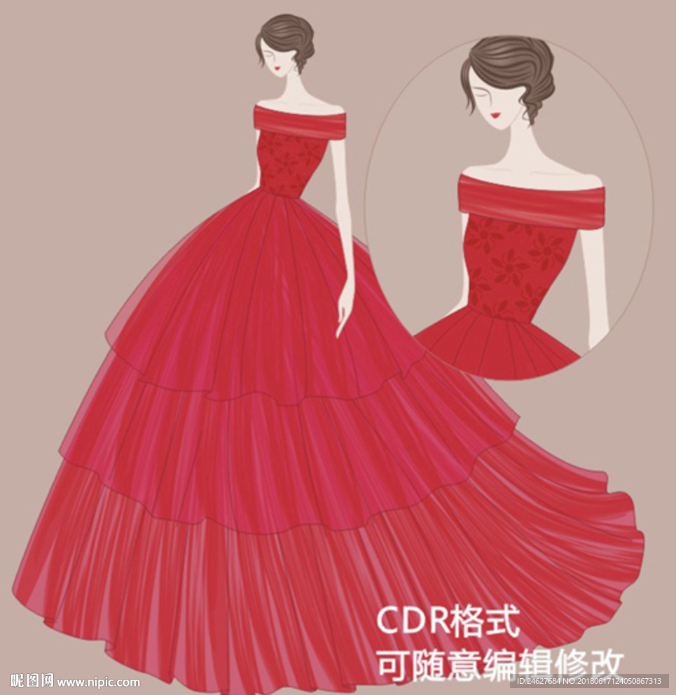 一字肩领礼服篷篷裙子CD矢量图
