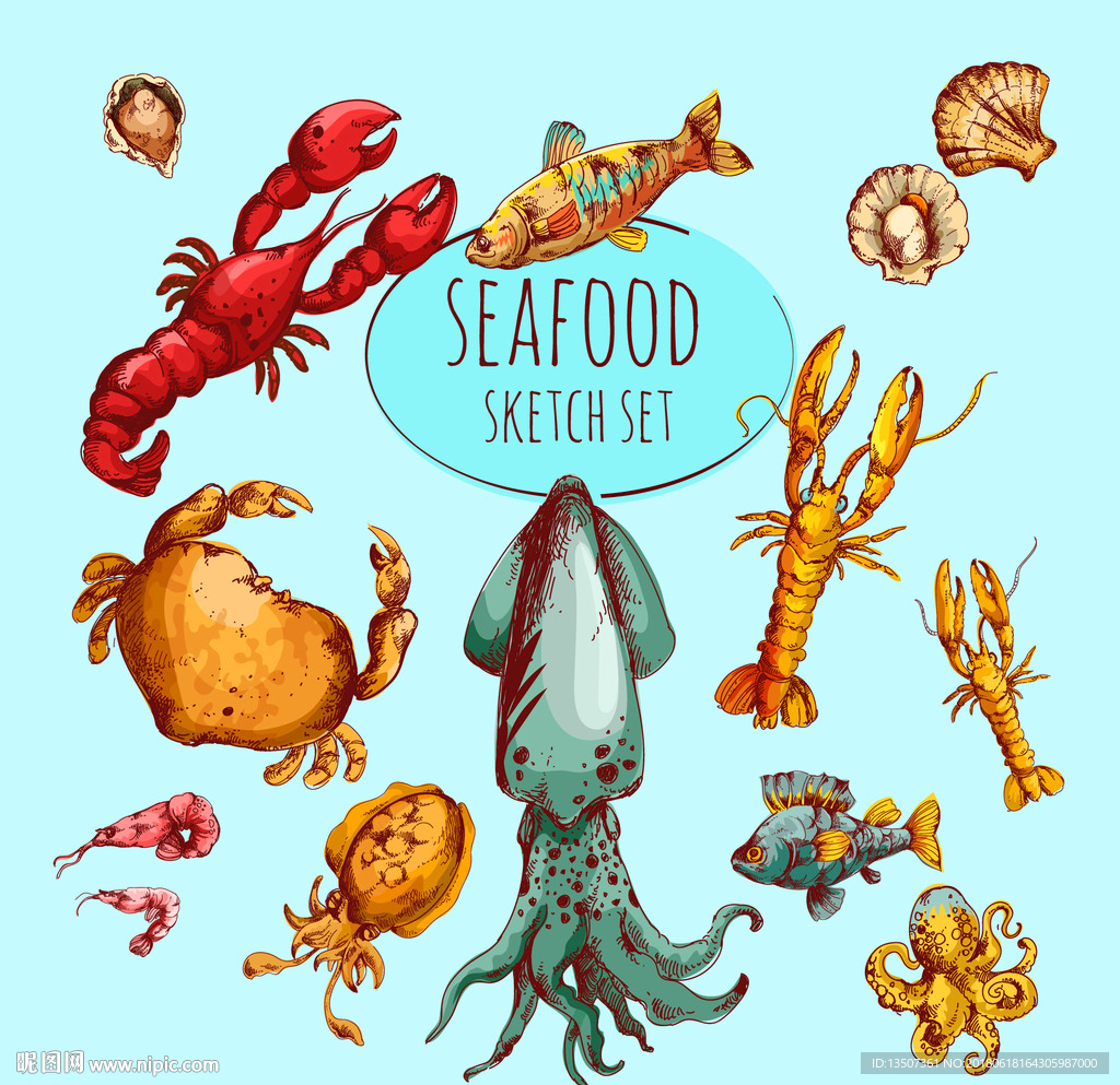 手绘扁平化风格各种海鲜插画设计