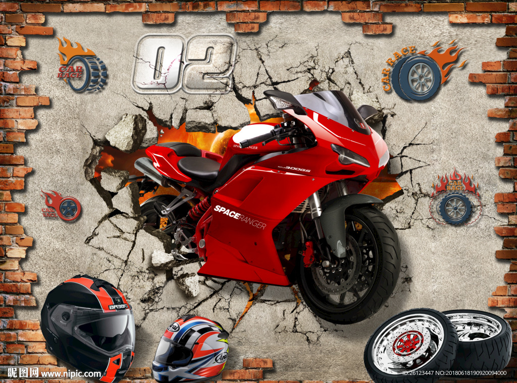 破墙而出的摩托车背景墙