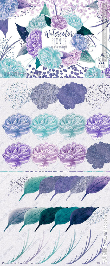蓝紫色水彩牡丹花植物叶子装饰