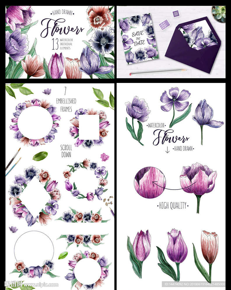 水彩郁金香花卉花环