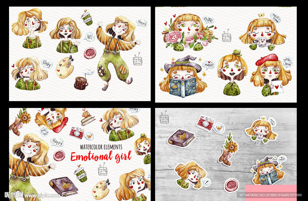 水彩卡通表情女孩剪贴画装饰