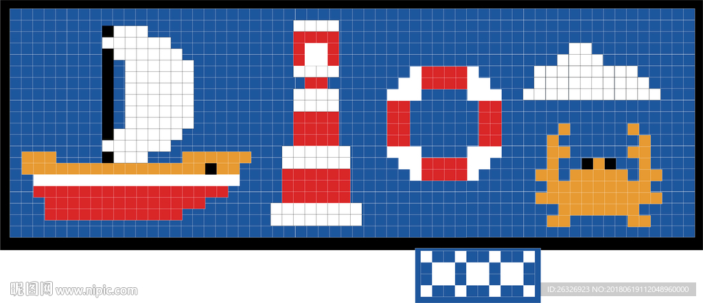 马赛克图案 帆船 灯塔 救生圈