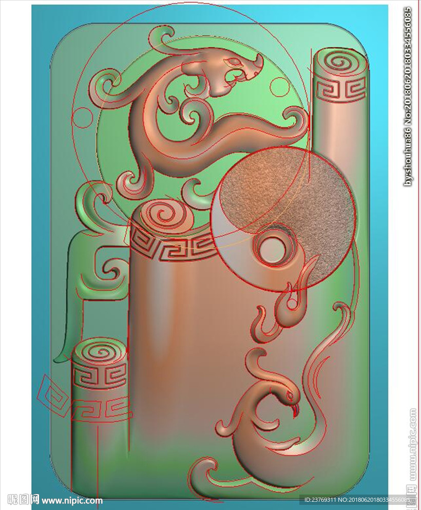 仿古八卦龙凤挂件精雕图浮雕灰度