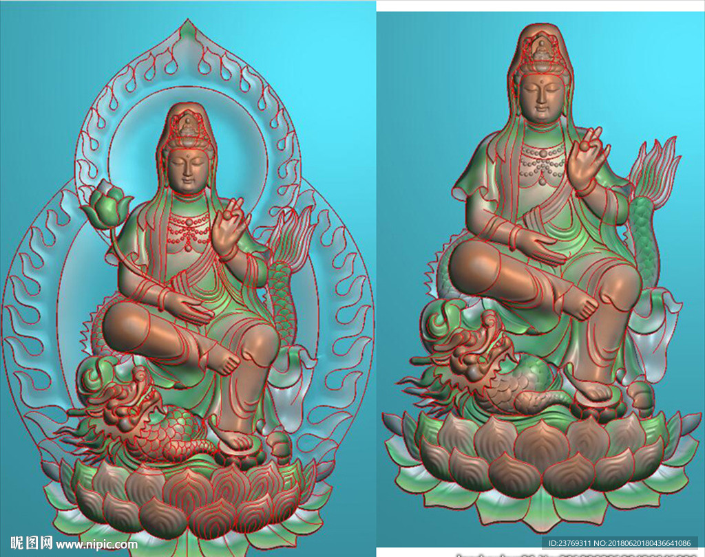 莲花乘龙观音坐龙挂件精雕图浮雕