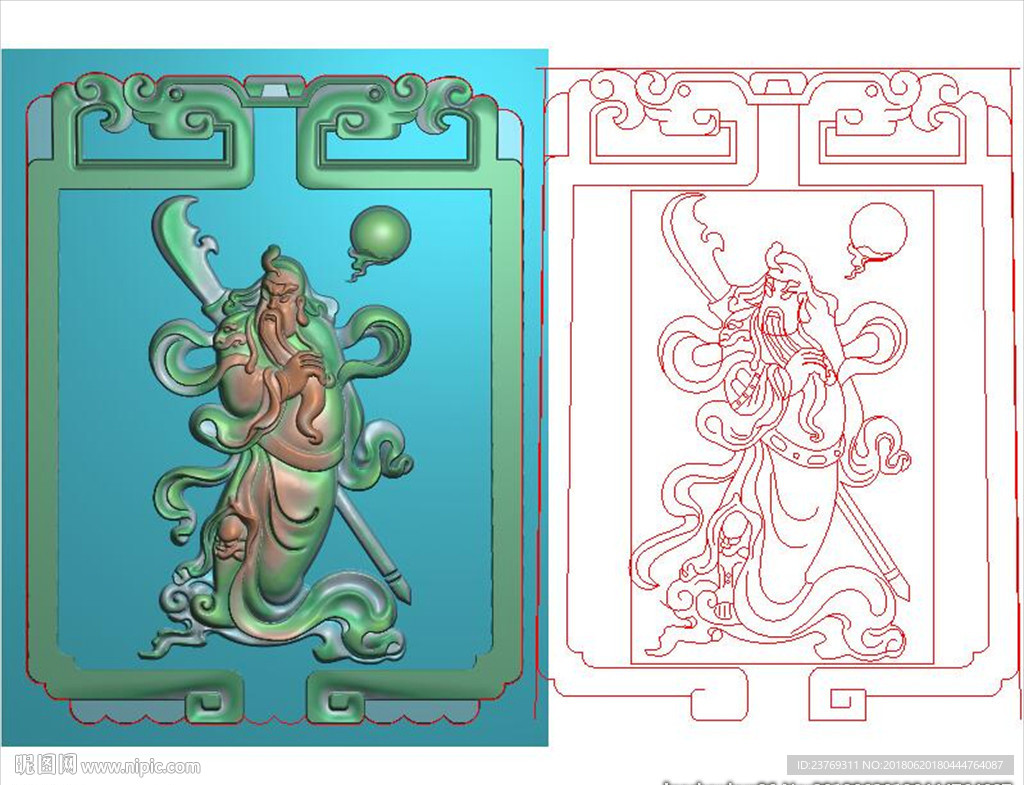 大刀站关公挂件玉雕精雕图浮雕图