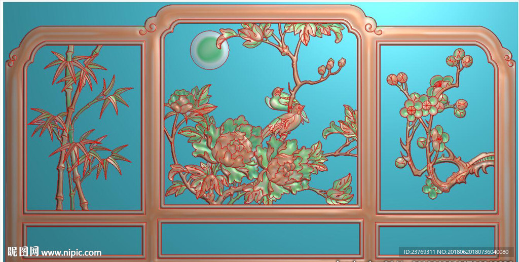 牡丹花梅花竹子四季花寿盒精雕图