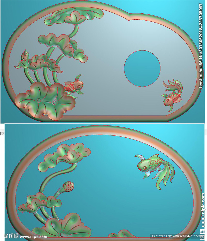 荷花鱼金鱼荷花茶盘精雕图浮雕图