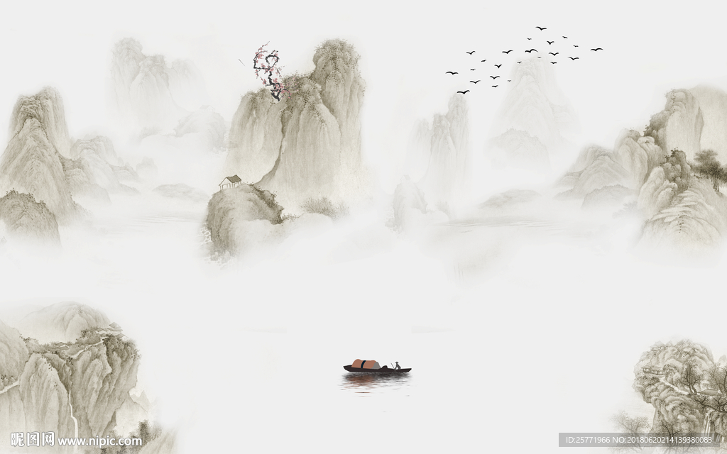 大型分层中式水墨山水背景壁纸