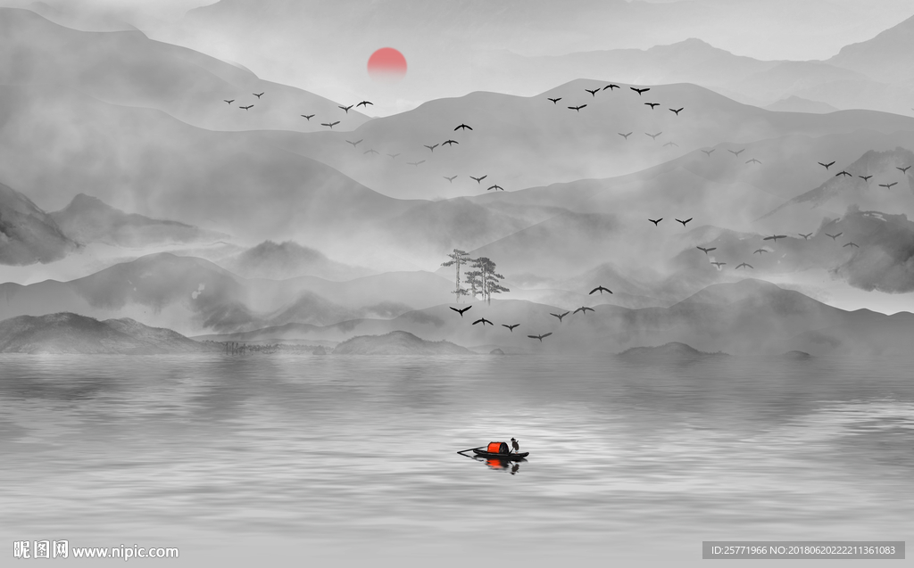 新中式意境水墨云雾山水背景壁画