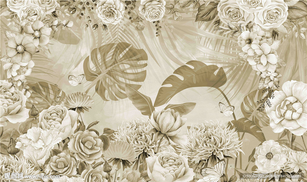 手绘复古芭蕉背景墙