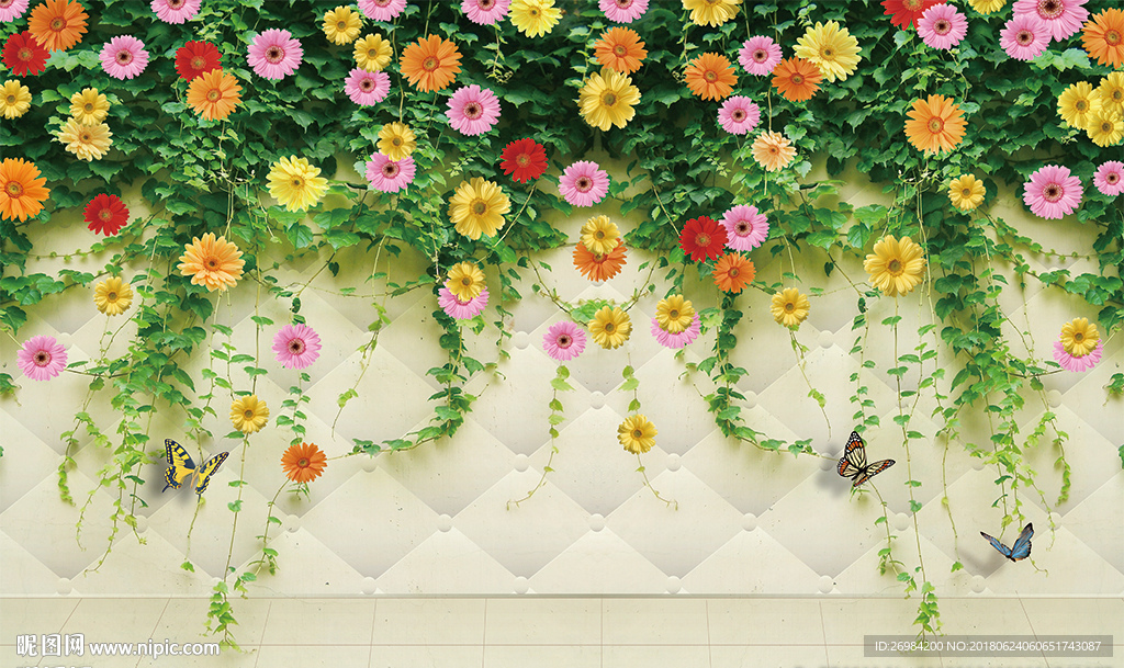 清新简约绿色蔷薇花藤软包背景墙图片