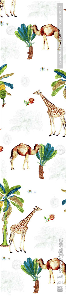 手绘骆驼香蕉树沙漠印花墙纸图案