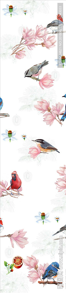 手绘水彩花鸟图案墙纸素材