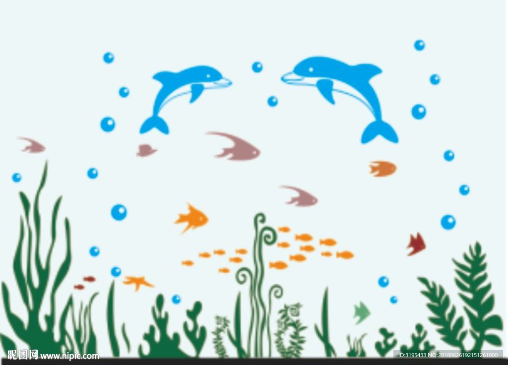 海底世界 海豚 鱼 水泡矢量图