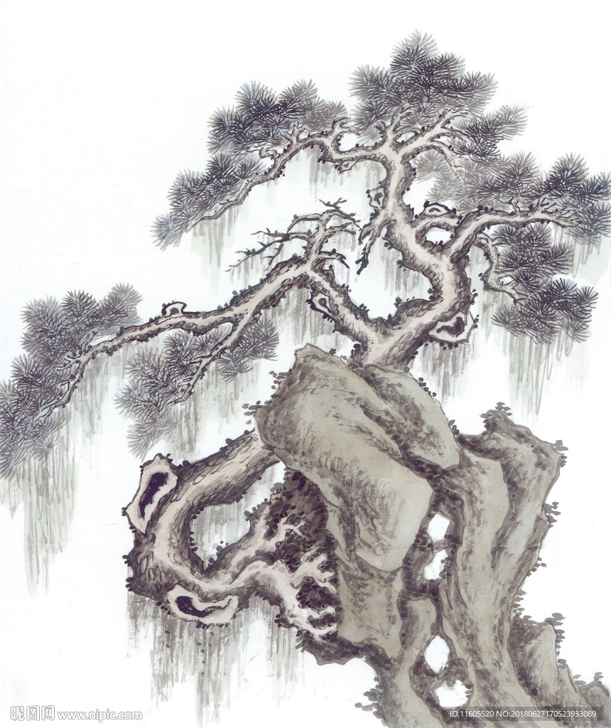 水墨画古树山石