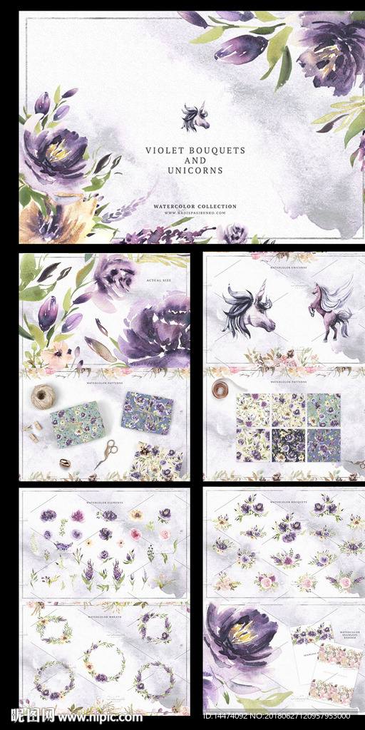 水彩画独角兽紫色花卉花环