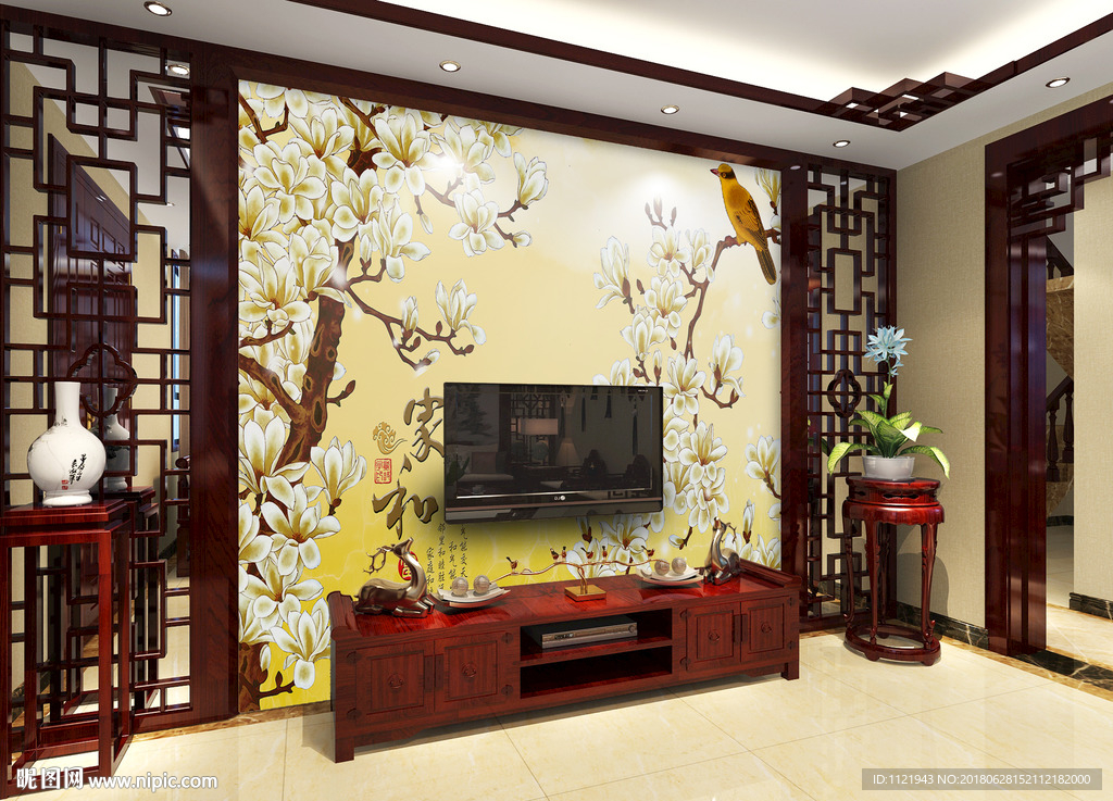 中式电视墙纸样机图