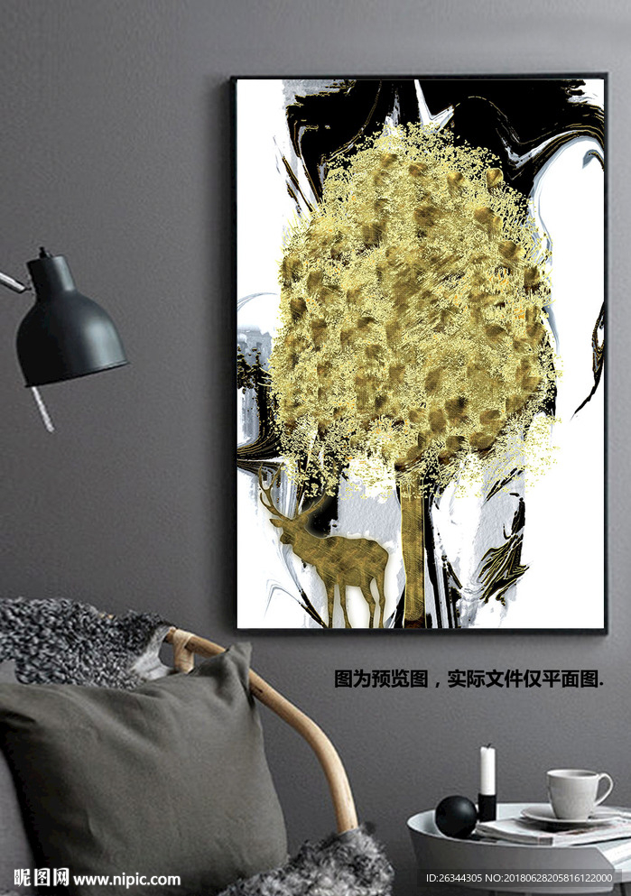 新中式抽象发财树金色玄关装饰画
