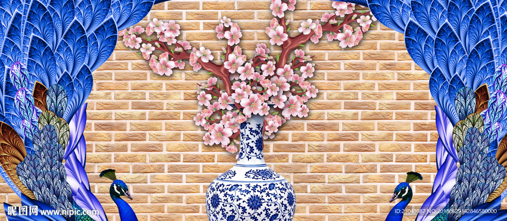 新中式工笔国画孔雀花卉装饰画