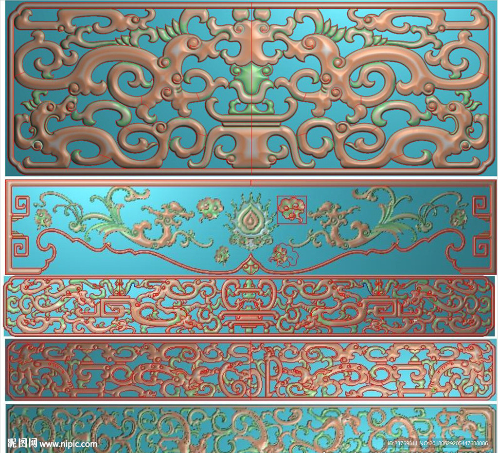 仿古镂空草龙洋花插屏精雕图浮雕