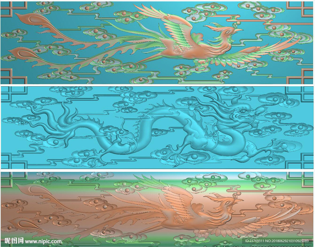 横板龙凤祥云围板精雕图浮雕灰度
