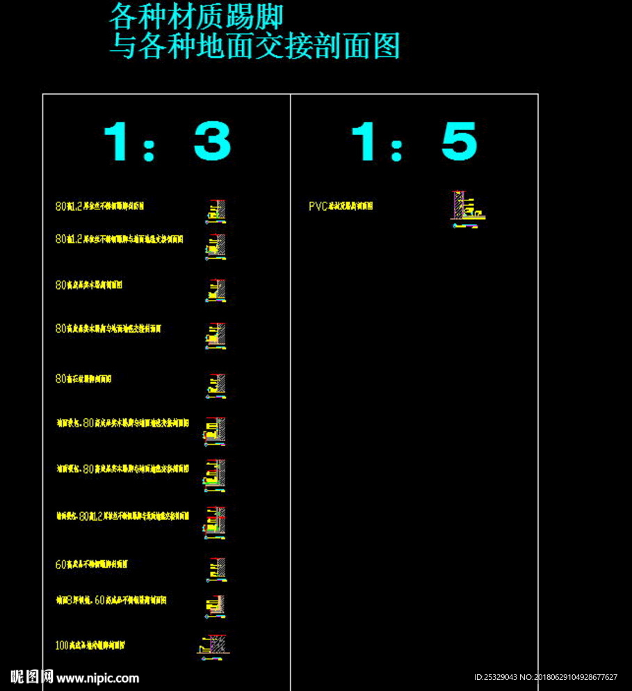 各种材质踢脚与各种地面交接剖面