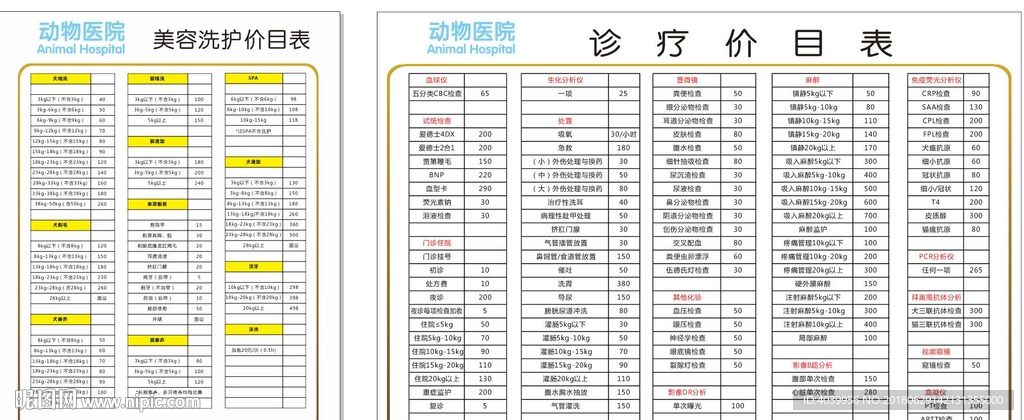 动物医院价目表