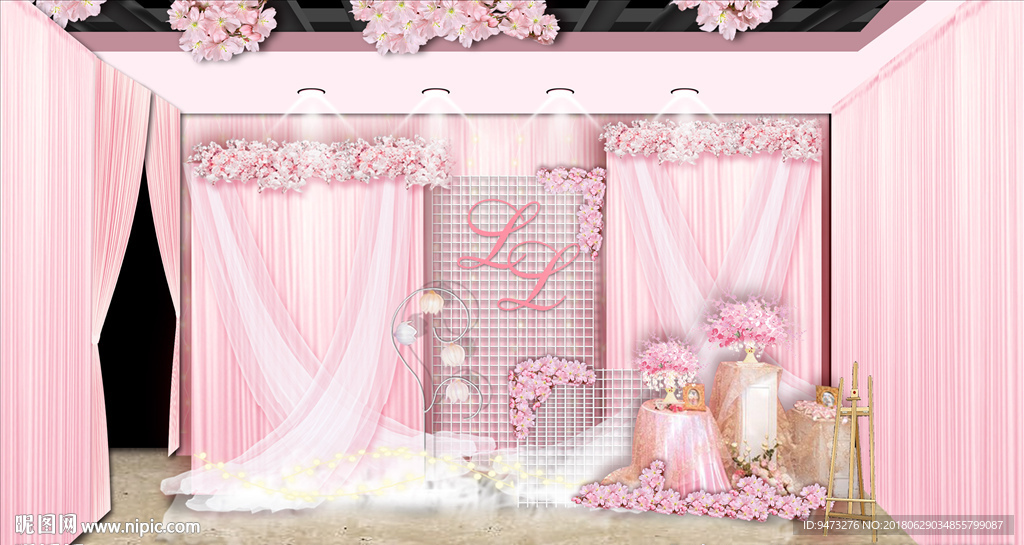 粉色樱花主题婚礼迎宾区
