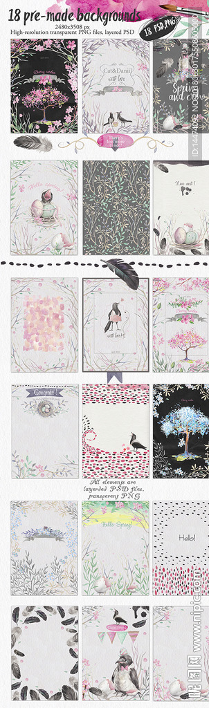 水彩花鸟树木乌鸦羽毛图案卡片