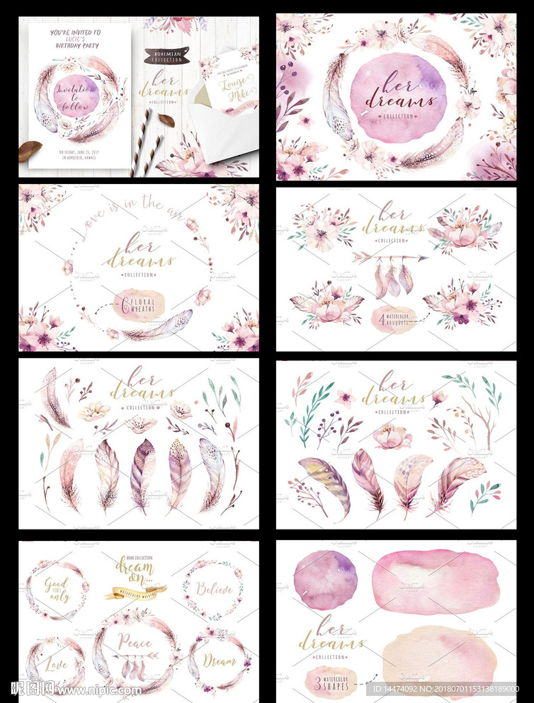 水彩羽毛花卉花环婚礼